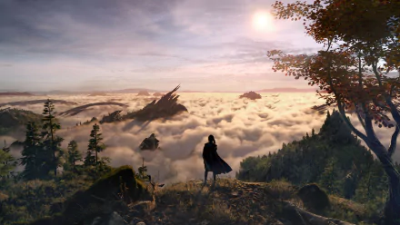 HD PC desktop wallpaper/background from the video game Forspoken: a lone cloaked figure stands on a cliff, gazing over a sunlit sea of clouds and distant jagged spires.