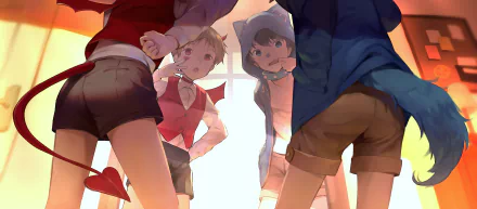 Anime-style Halloween scene showing two children dressed in costumes, reflected in a mirror with warm lighting, captured in an HD PC desktop wallpaper background.