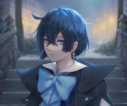 HD PC desktop wallpaper of Vanitas from The Case Study of Vanitas — blue‑haired anime character with a bow, earring and sly smile on moonlit stone steps.