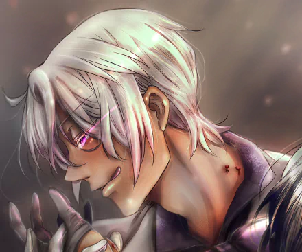 Noé Archiviste (Anime, The Case Study Of Vanitas) — white‑haired figure with glowing purple eyes, bite marks on his neck, smirking in a moody HD PC desktop wallpaper and background.