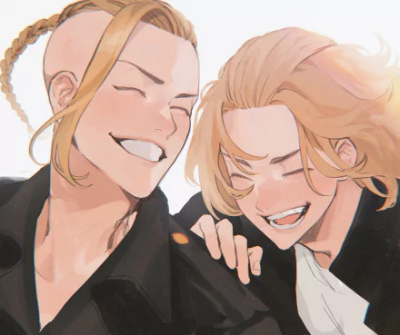 HD anime wallpaper featuring Mikey Manjiro Sano and Ken Ryuguji from Tokyo Revengers sharing a joyful moment.