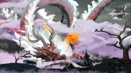 HD anime wallpaper featuring Kozuki Momonosuke and Monkey D. Luffy from One Piece, with a dramatic scene of a dragon surrounded by smoke and flames.