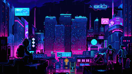 Pixel art cityscape with neon lights and futuristic technology elements, featuring Asus ROG branding in a vibrant 4K Ultra HD PC desktop wallpaper.