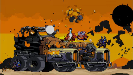 HD desktop wallpaper featuring Mighty Goose characters on a battle tank with explosive action in the background.