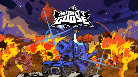 HD wallpaper of Mighty Goose video game with vibrant battle scene and logo for desktop background.