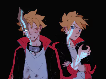 HD PC desktop wallpaper of Boruto Uzumaki (Borushiki) - anime illustration showing two poses, glowing blue markings and red jacket against a dark background.