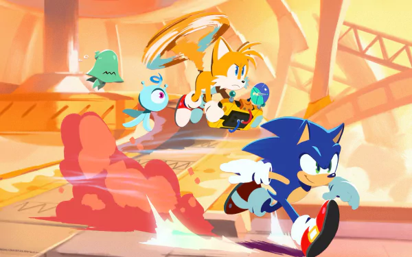 HD desktop wallpaper featuring Miles Tails Prower and Sonic the Hedgehog from the TV show Sonic Colors: Rise of the Wisps in a dynamic action scene.