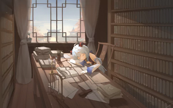 Ganyu from Genshin Impact rests on a desk cluttered with scrolls in a sunlit room, featured in this 4K Ultra HD PC desktop wallpaper.
