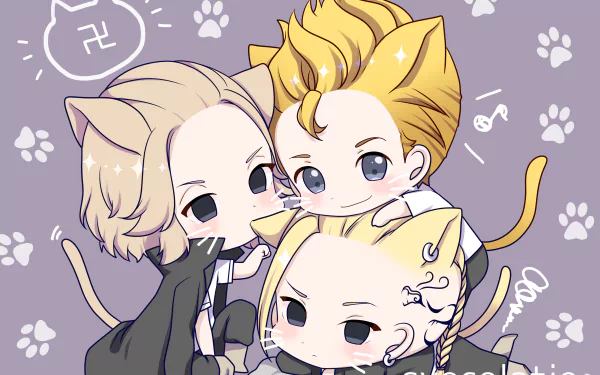 Chibi-style Mikey Manjiro Sano, Ken Ryuguji, and Takemichi Hanagaki from Tokyo Revengers, with cat ears and tails on a purple background with paw prints and symbols.