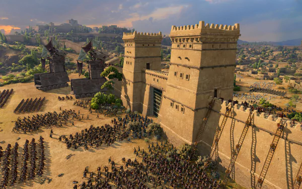 HD desktop wallpaper of A Total War Saga: TROY featuring battle scene with soldiers and fortifications.