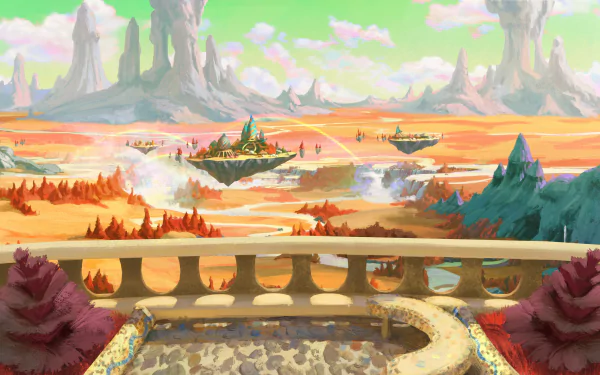 Masters of the Universe: Revelation HD wallpaper featuring Eternian landscape with Castle Grayskull, vivid skies, and fantasy terrain.