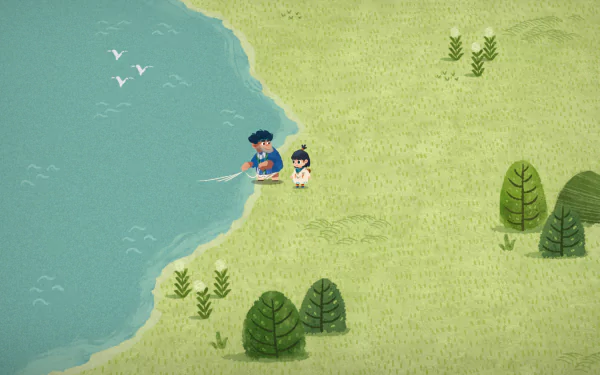 HD wallpaper featuring Carto style illustration of two characters fishing by a serene lake with greenery and flying birds.