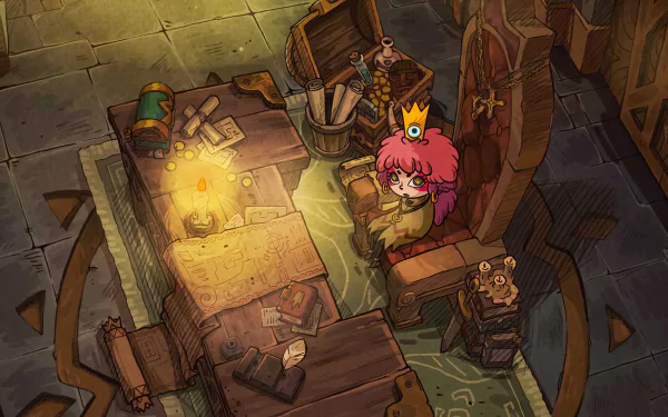 HD desktop wallpaper featuring a scene from Crown Trick with a character wearing a crown, surrounded by mystical items and dungeon-like environment.