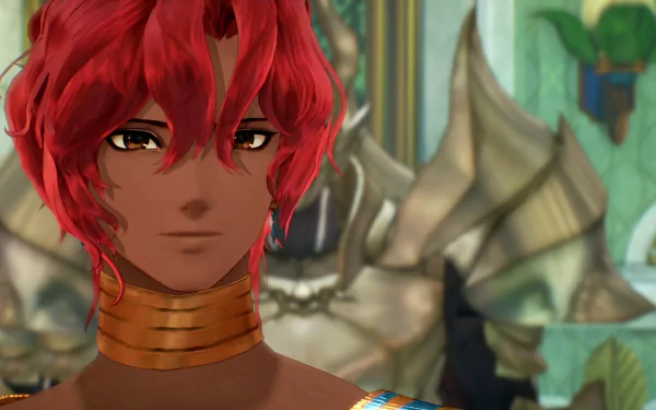 Tales of Arise HD wallpaper featuring a close-up of a character with red hair and blue eyes against a blurred background.