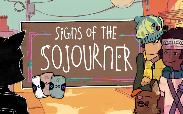 HD desktop wallpaper featuring characters from the video game Signs of the Sojourner. The scene captures a vibrant, artistic style with playful interactions among the characters.