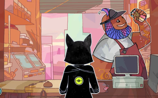 HD desktop wallpaper featuring a scene from Signs of the Sojourner with a character facing a smiling merchant in a vibrant shop setting.