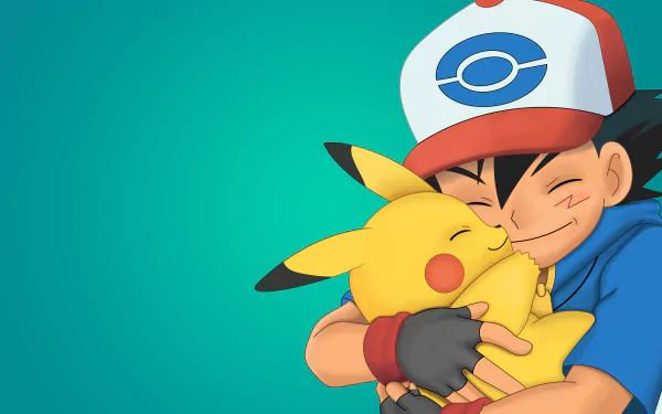 Ash Ketchum hugs Pikachu with a joyful smile in a vibrant anime-style 4K Ultra HD PC desktop wallpaper from the Pokémon series.