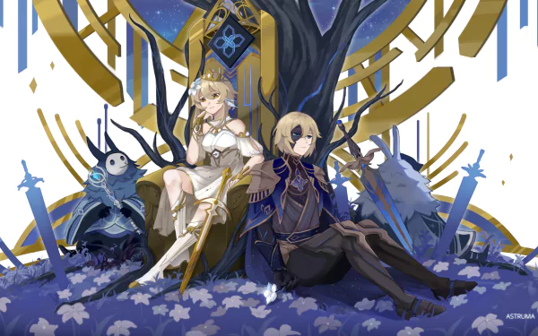 HD PC desktop wallpaper featuring Genshin Impact characters Abyss Mage, Dainsleif, and Lumine in a stylized, artistic setting.