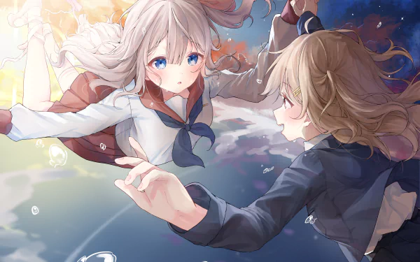 Anime girl in a school uniform with white hair and blue eyes reaches out to another girl with light brown hair, set against a glowing, dreamy background in 4K Ultra HD.