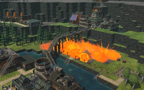 HD wallpaper of Timberborn game featuring an explosive event near a dam with dynamic structures and environment.