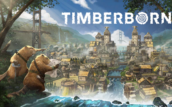 HD Timberborn desktop wallpaper featuring beaver characters and a bustling village.