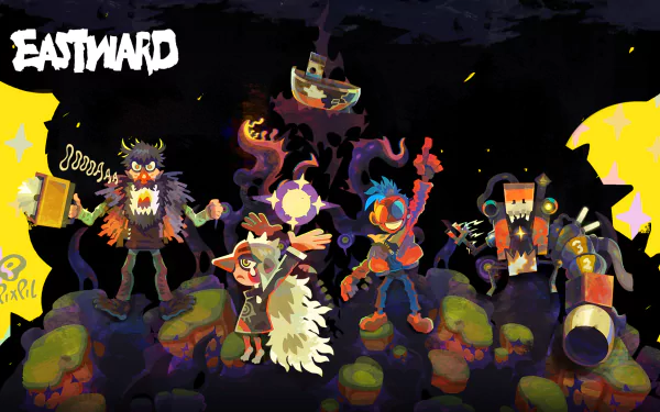 Eastward game HD desktop wallpaper featuring colorful animated characters and a whimsical, adventure-themed background.