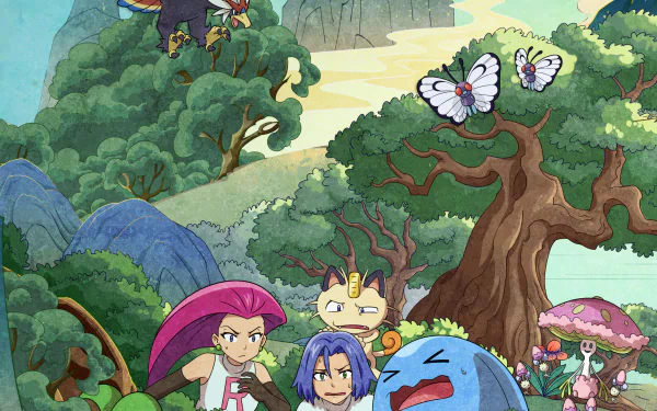 HD desktop wallpaper featuring Team Rocket's Jessie, James, Meowth, and Wobbuffet amidst a forest scene with Braviary and Butterfree, inspired by Pokémon the Movie: Secrets of the Jungle.