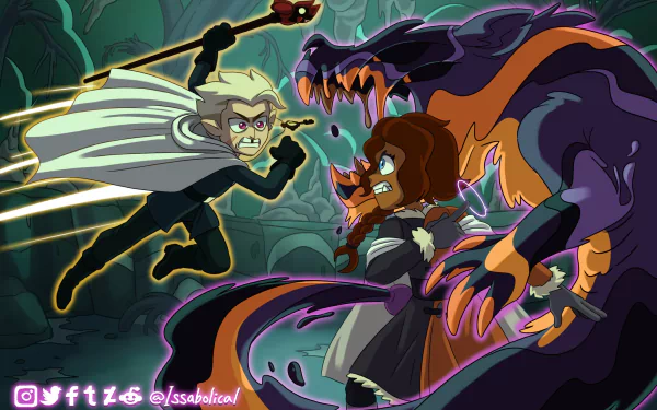 HD PC desktop wallpaper featuring Hunter from the TV show The Owl House in an intense battle scene with a large monster in a dark, cavernous setting.