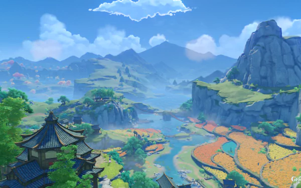 4K Ultra HD PC desktop wallpaper featuring the scenic Liyue region from the video game Genshin Impact, showcasing its lush mountains, rivers, and traditional architecture.