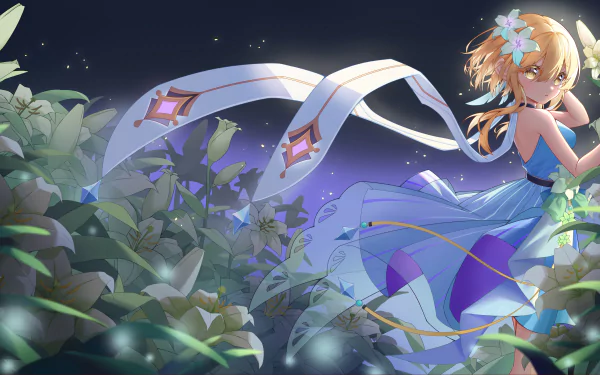 HD desktop wallpaper featuring Lumine from the video game Genshin Impact, standing amidst lush vegetation at night with a serene expression. The backdrop showcases glowing plants and a starry sky.