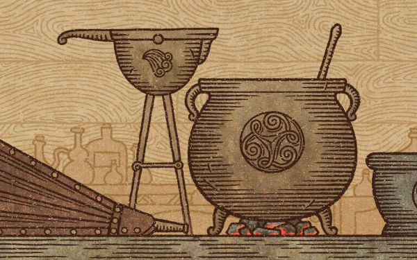 HD wallpaper inspired by the video game Potion Craft: Alchemist Simulator, featuring brewing equipment, including a cauldron and a funnel, set against a textured background.