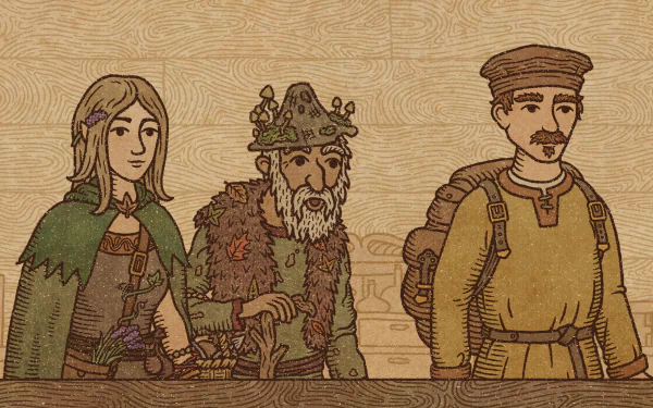 HD desktop wallpaper from Potion Craft: Alchemist Simulator featuring stylized illustrations of an alchemist, a king, and a townsman.