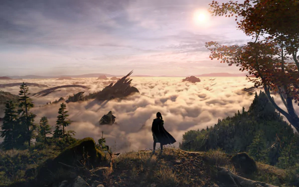 HD PC desktop wallpaper/background from the video game Forspoken: a lone cloaked figure stands on a cliff, gazing over a sunlit sea of clouds and distant jagged spires.