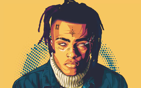 4K Ultra HD desktop wallpaper featuring a vibrant digital portrait of music artist XXXTentacion with bold colors and stylized graphic details.