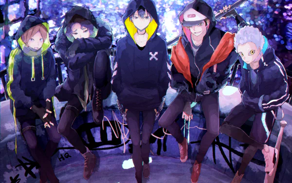 HD PC wallpaper of Haikyū!! anime characters Kiyoomi Sakusa, Miya Atsumu, Motoya Komori, Tobio Kageyama and Kōrai Hoshiumi in hoodies on a bench under purple lights.