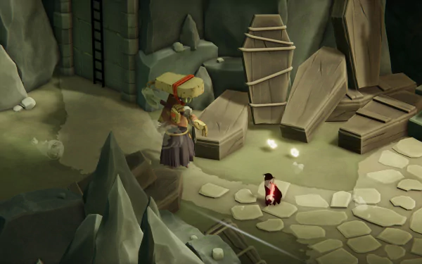 HD desktop wallpaper featuring a scene from the game Death's Door with a character standing in a dimly lit cavernous room with crates and stones.