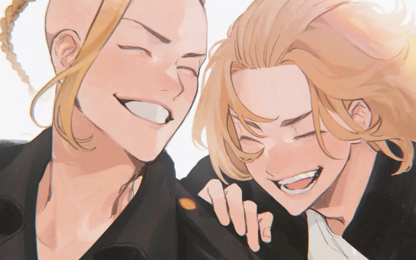 HD anime wallpaper featuring Mikey Manjiro Sano and Ken Ryuguji from Tokyo Revengers sharing a joyful moment.