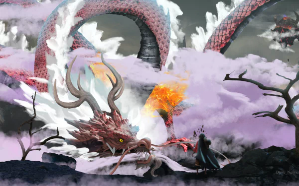 HD anime wallpaper featuring Kozuki Momonosuke and Monkey D. Luffy from One Piece, with a dramatic scene of a dragon surrounded by smoke and flames.
