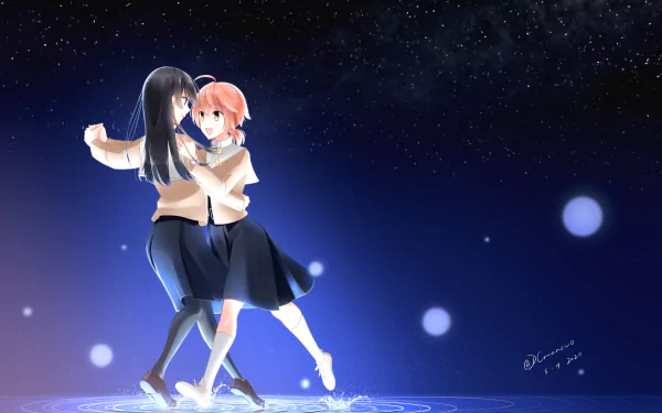 Touko Nanami and Yuu Koito from Bloom into You dance together under a starry night sky in this 4K Ultra HD anime desktop wallpaper.