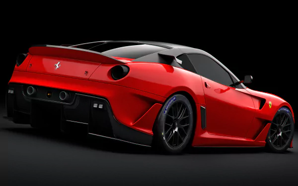 A sleek red Ferrari 599XX vehicle showcased in a 4K Ultra HD PC desktop wallpaper with a black background.