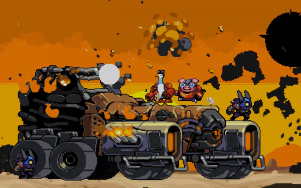 HD desktop wallpaper featuring Mighty Goose characters on a battle tank with explosive action in the background.