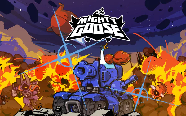 HD wallpaper of Mighty Goose video game with vibrant battle scene and logo for desktop background.