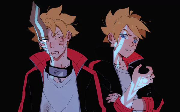 HD PC desktop wallpaper of Boruto Uzumaki (Borushiki) - anime illustration showing two poses, glowing blue markings and red jacket against a dark background.