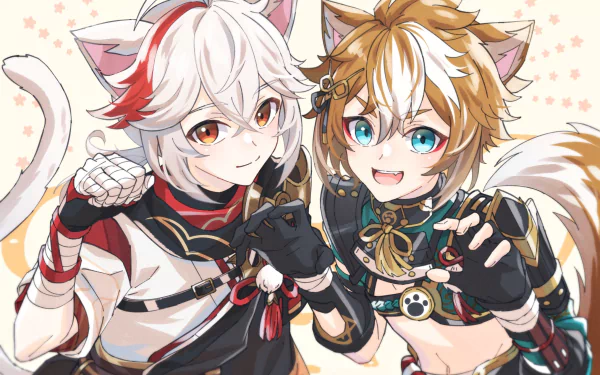 HD PC desktop wallpaper featuring Genshin Impact characters Kaedehara Kazuha and Gorou with animal ears in a playful, colorful anime style.