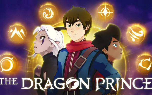 The Dragon Prince TV show wallpaper: Callum, Ezran and Rayla stand before glowing elemental symbols — 2K Quad HD PC desktop wallpaper and background.