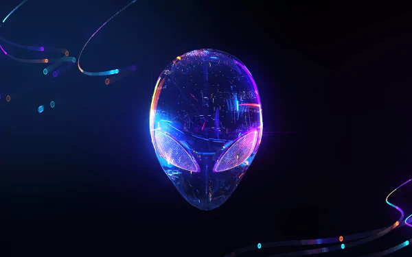Neon blue-purple translucent alien head with circuit-like textures and light trails - high-tech Alienware 4K Ultra HD PC desktop wallpaper.