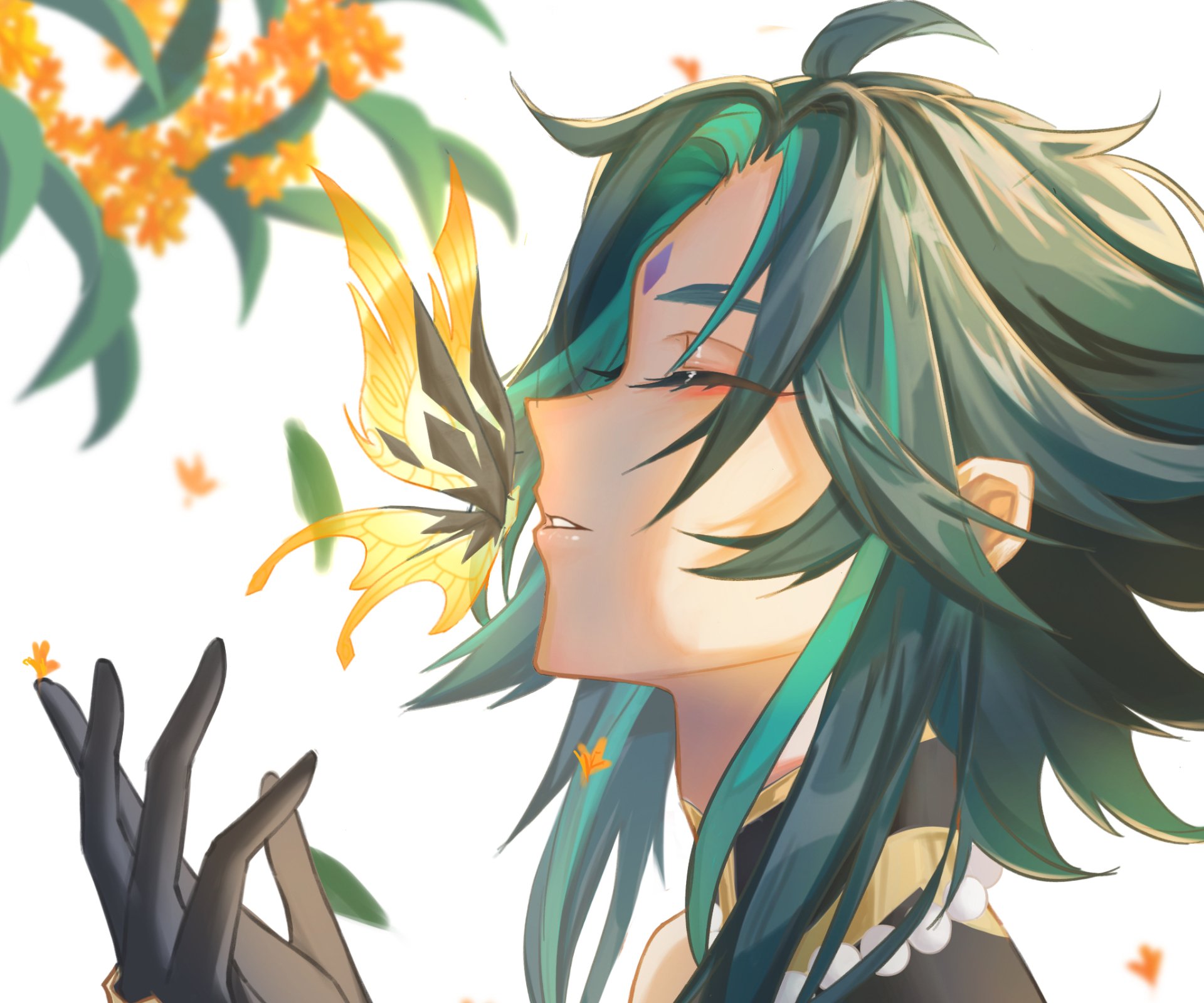 HD PC desktop wallpaper featuring Xiao from the video game Genshin Impact, surrounded by glowing butterflies and autumn leaves with a serene expression.