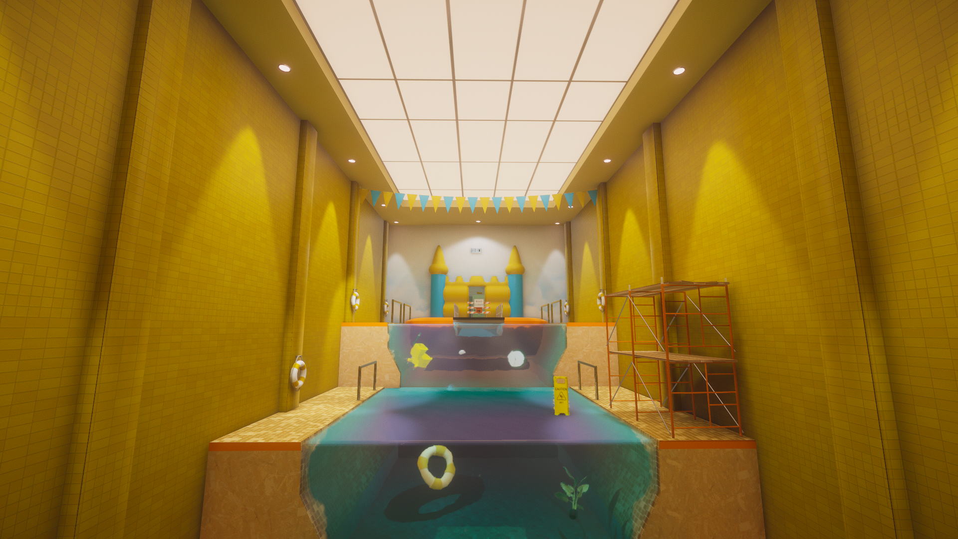 A vibrant HD desktop wallpaper featuring a surreal scene from the video game Superliminal, showcasing a colorful indoor pool area with playful objects and unique geometry.