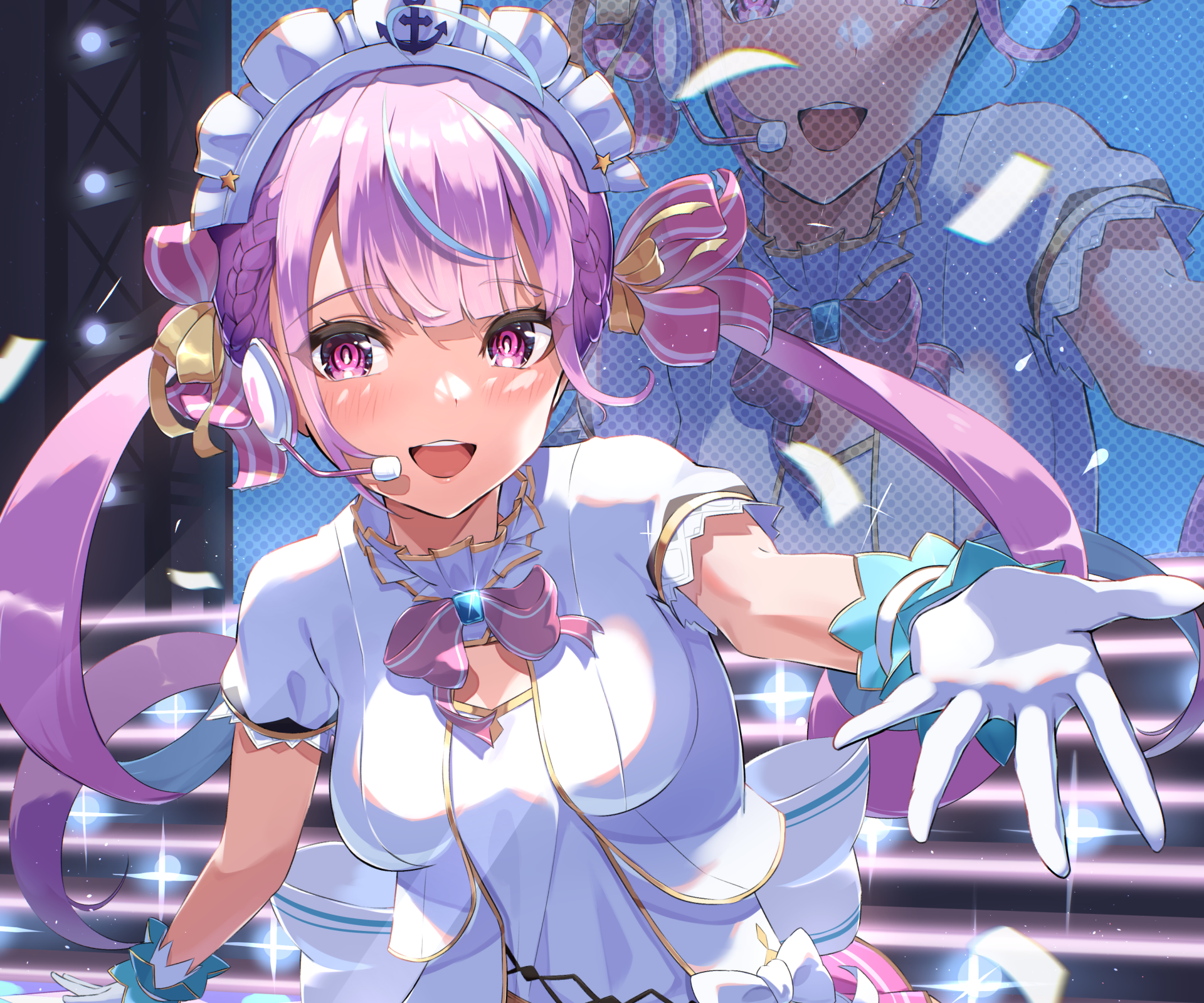 HD PC desktop wallpaper featuring Minato Aqua, a virtual YouTuber from hololive, depicted in vibrant anime style with pink hair and a cheerful expression.