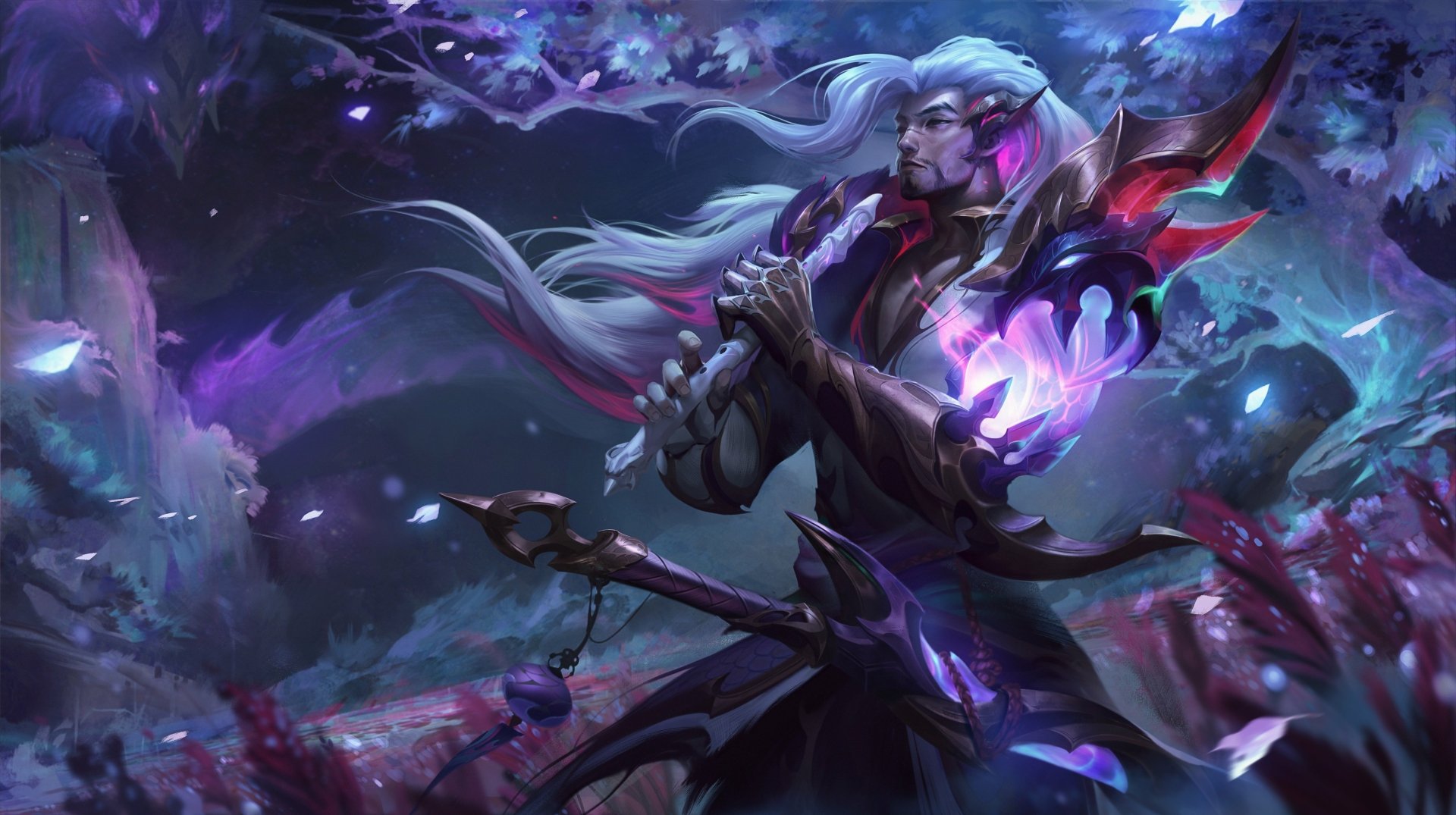 4K Ultra HD League of Legends wallpaper featuring Yasuo wielding a glowing sword amid a dark, mystical forest backdrop.